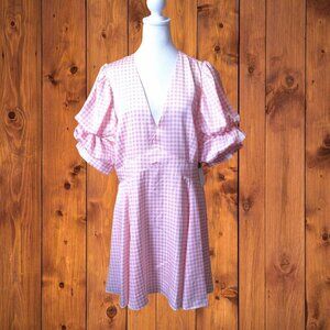 1. State XL Pink Gingham Puff Bubble Sleeve Dress V-Neck Pockets Girly Coquette